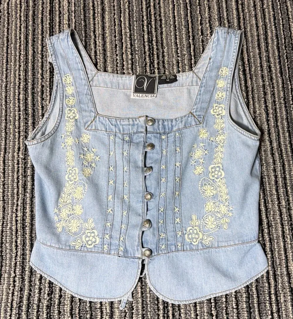 Vintage Valencia Blue Denim Vest Women's M Floral Embroidered Western